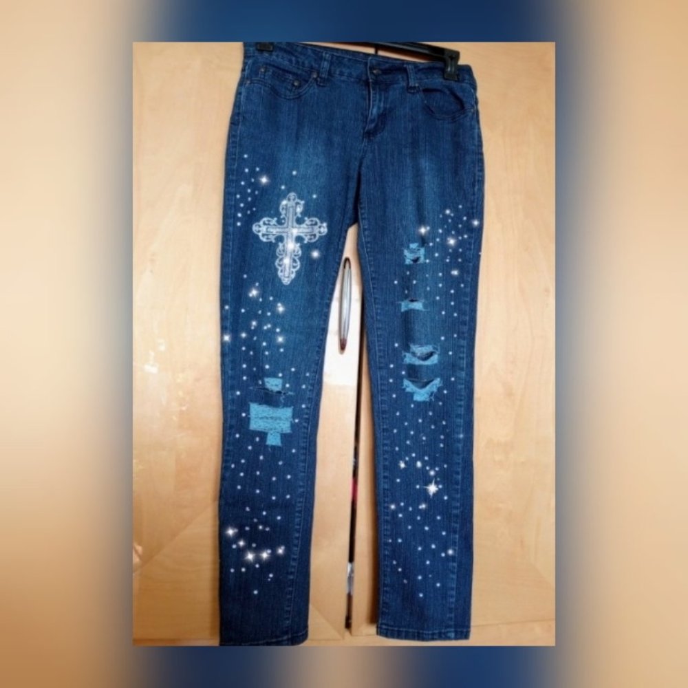Blue jeans embellished rhinestones